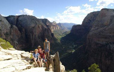Four hikers on Angels Landing trail at Zion National Park