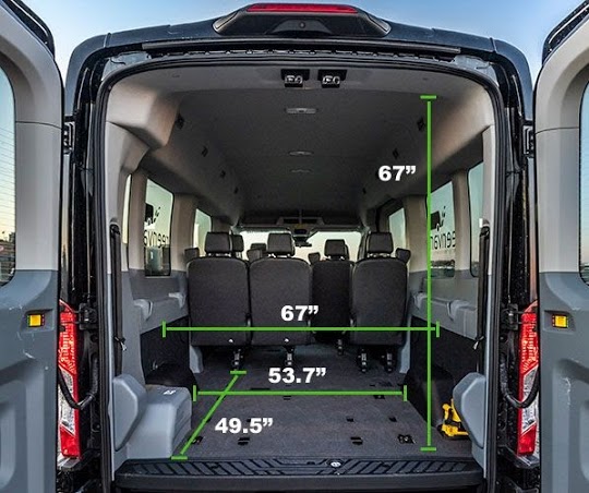 Rear interior view of Greenvans Ford 15 passenger transit van with rows removed to demonstrate luggage space