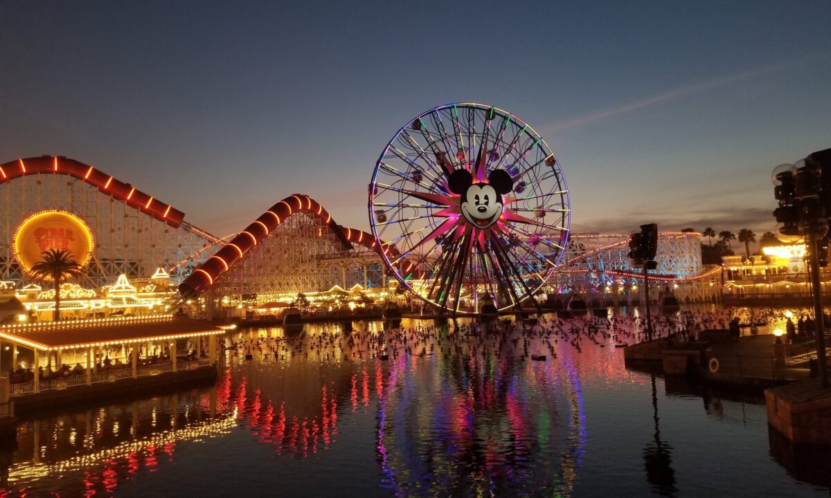 View of a Disney park at dusk