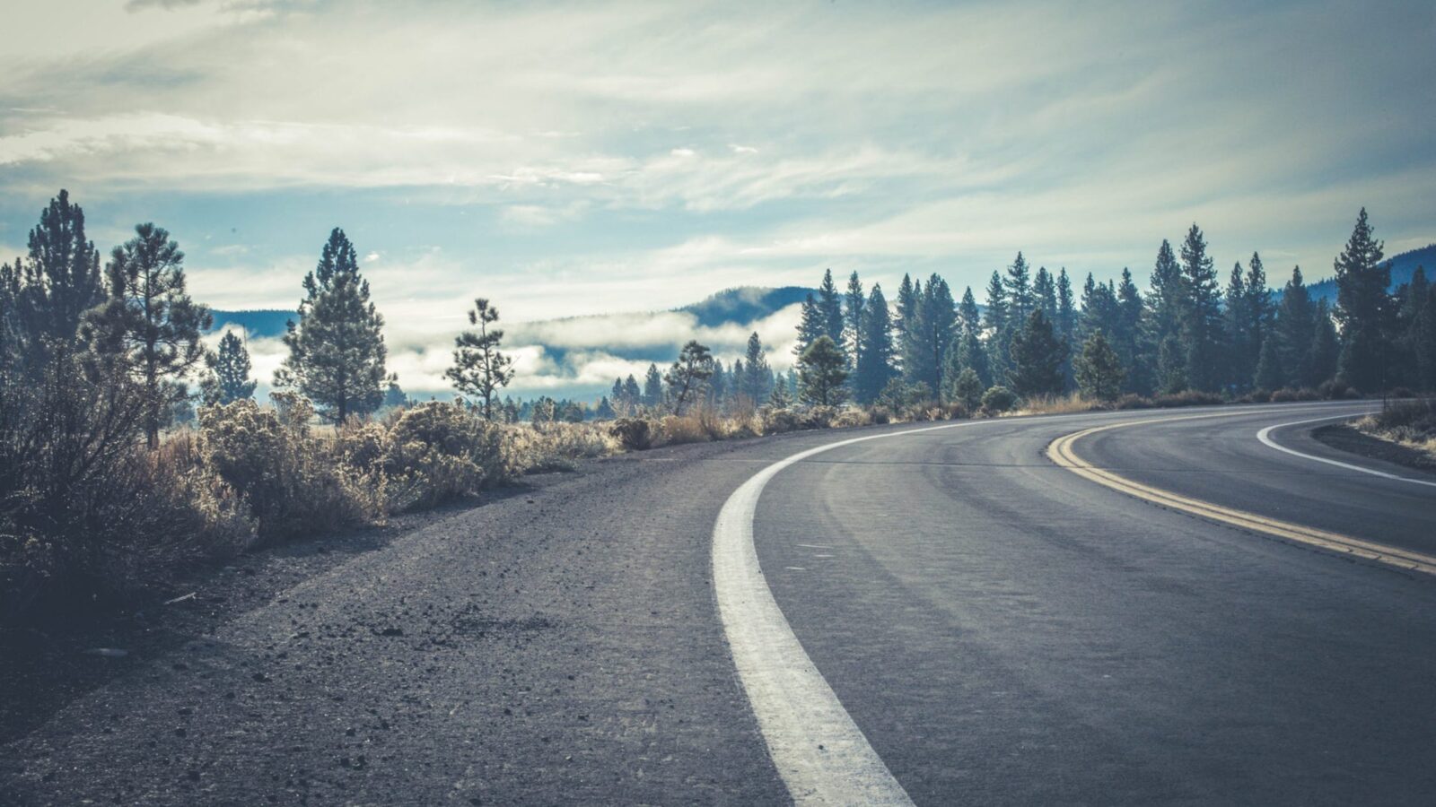 View from a passenger van rental: a road with mountains and fog in the background