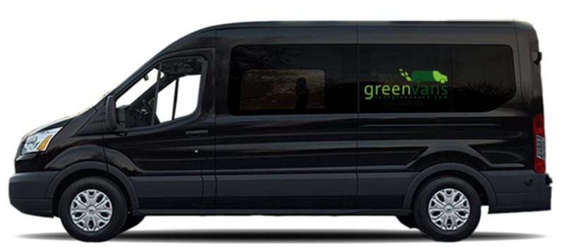 A side image of a Greenvans 15-passenger van with Greenvans logo: a Ford 350 XLT transit van