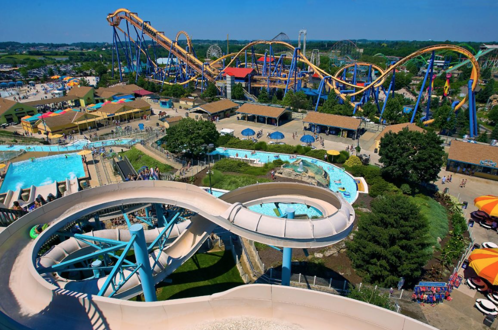 A rollercoaster and water slide at Dorney Park & Wildwater Kingdom in Allentown, PA