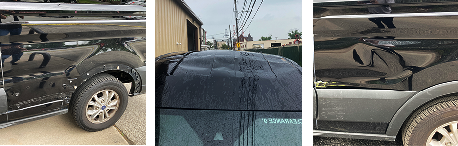 Examples of damage to Greenvans' 15 passenger Ford Transit vans covered by Renter's Collision Protection (after deductible).