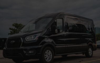 Side image of a Greenvans 15-passenger van rental Ford Transit 350 XLT with snowy mountains in background