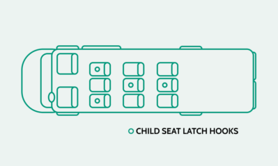 Top-down seating diagram of the Mercedes Sprinter 2500 in a 12-passenger configuration with the back row removed for cargo space